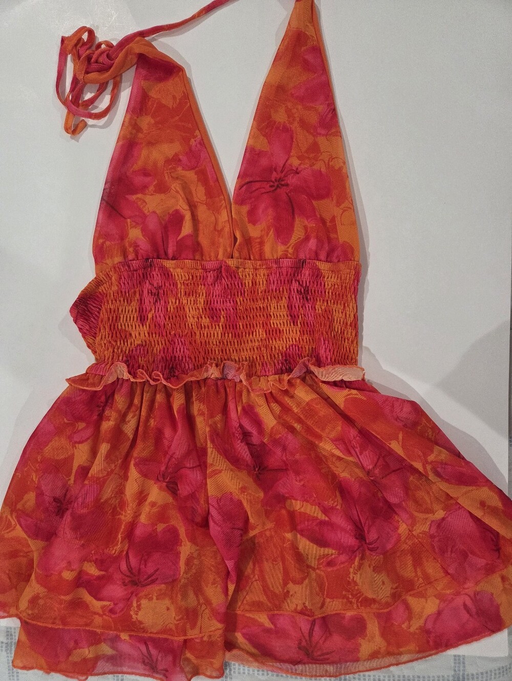 Women's Floral Print Waist Tie Halter Mini Dress,Orange